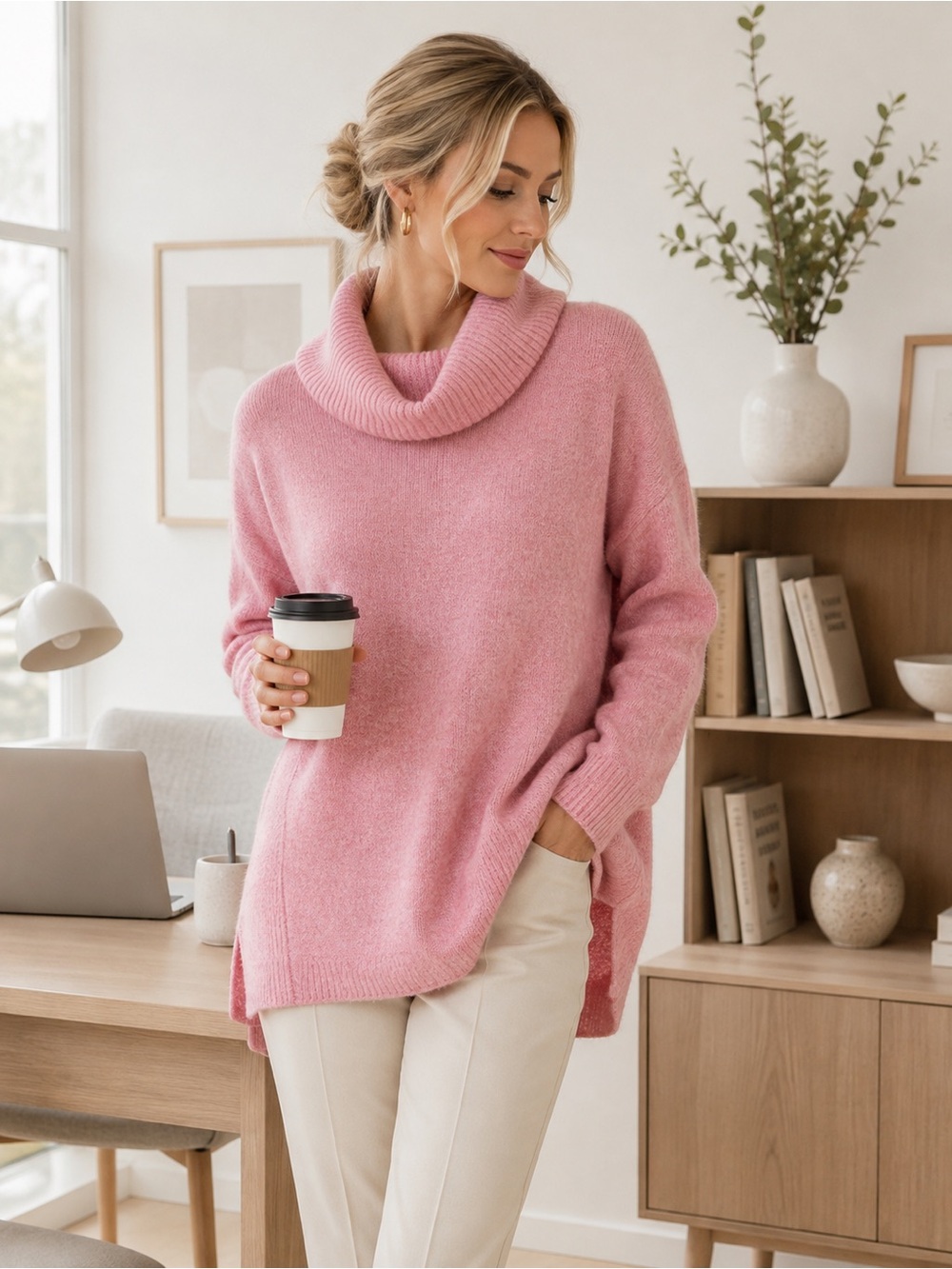 LOFT Pink Cowl Neck Sweater Women’s Small Oversized Tunic Pullover